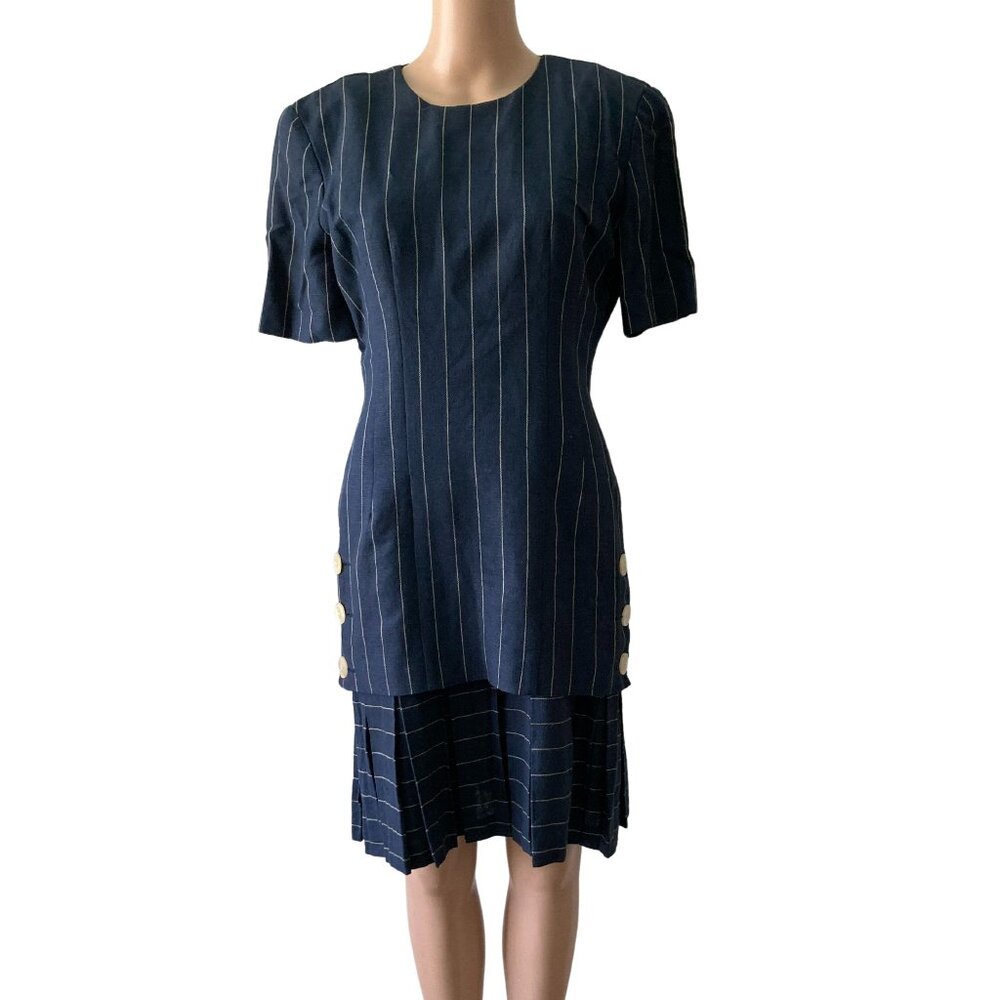 Vintage Kamisato Pleated Size 4 Navy Striped Business Dress